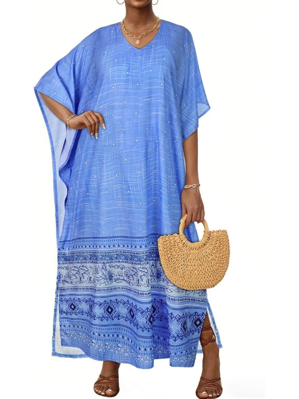 〽️Women's Light Blue Ethnic Plus Size V Neck Caftan Long Batwing Sleeve Cover Up